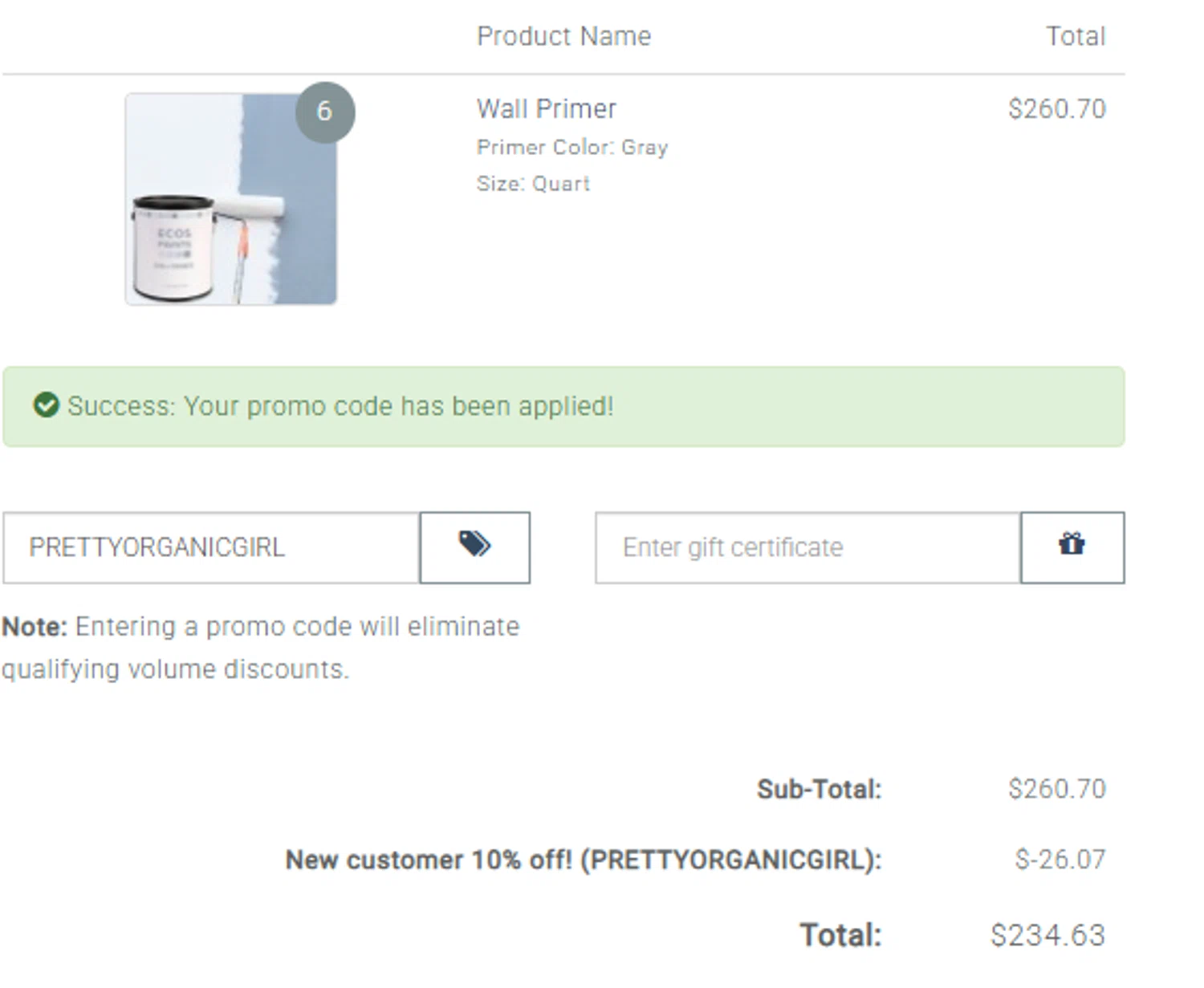 ECOS Paints coupon code screenshot showing code PRETTYORGANICGIRL applied at ECOS Paints checkout page. Uploaded by SimplyCodes community member CouponScholar2633 on Oct 2, 2025