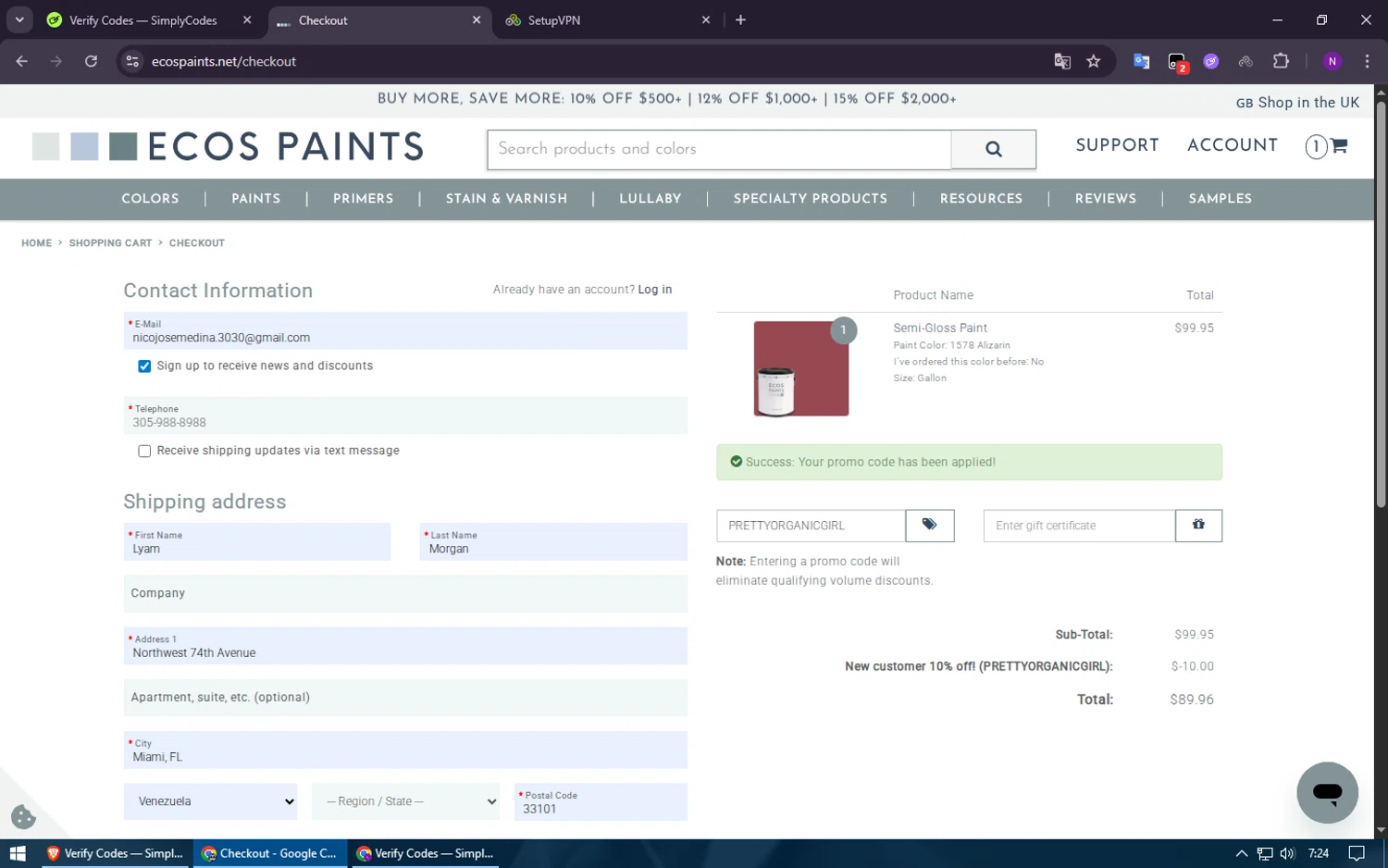 ECOS Paints coupon code screenshot showing code PRETTYORGANICGIRL applied at ECOS Paints checkout page. Uploaded by SimplyCodes community member Voucher200 on Nov 30, 2025