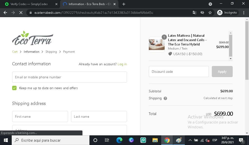 Eco Terra Beds checkout page showing Eco Terra Beds discount code box | Screenshot taken by SimplyCodes community member on Jun 20, 2021