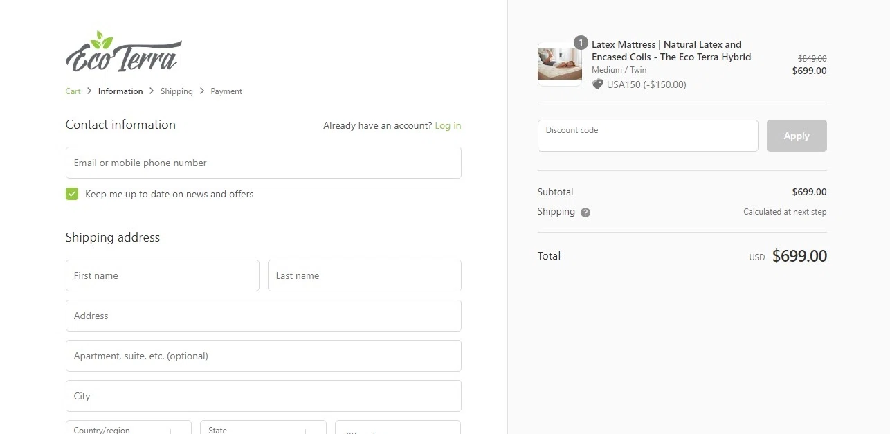 Eco Terra Beds checkout page showing Eco Terra Beds discount code box | Screenshot taken by SimplyCodes community member on Jul 31, 2021