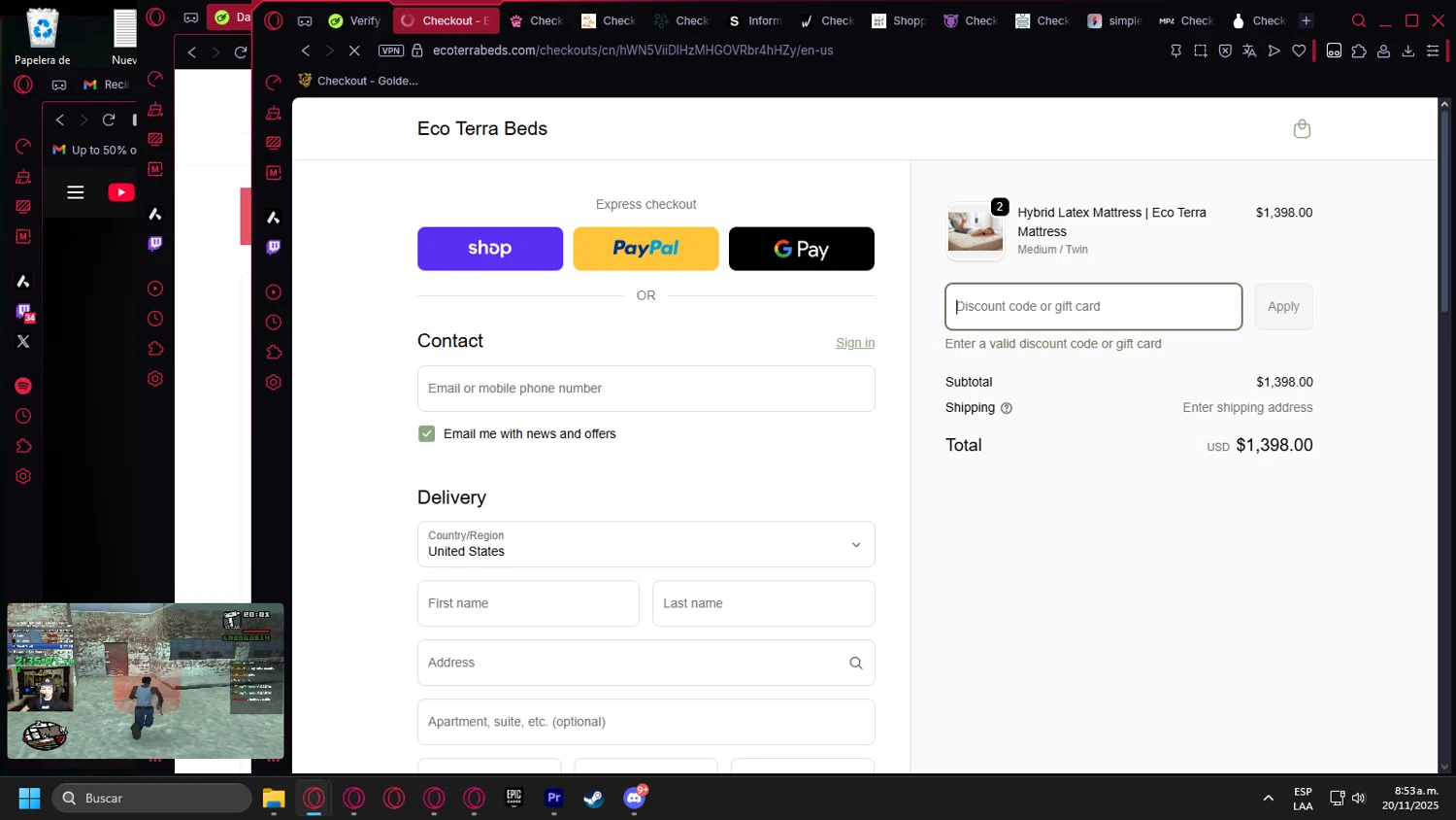 Eco Terra Beds discount code screenshot showing code SALE150 applied at Eco Terra Beds checkout page. Uploaded by SimplyCodes community member Billyyou on Nov 20, 2025