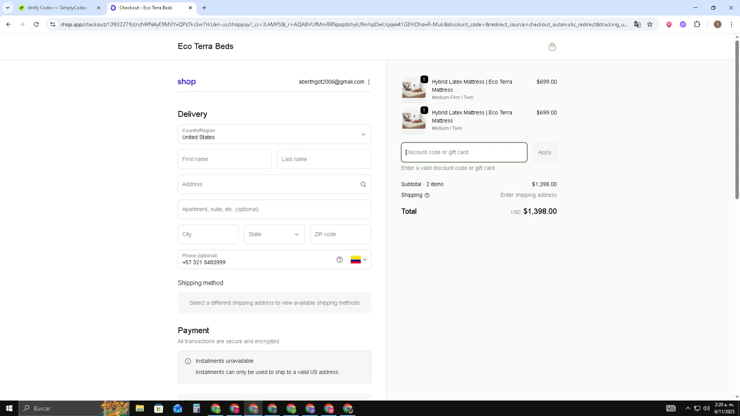Eco Terra Beds discount code screenshot showing code SALE150 applied at Eco Terra Beds checkout page. Uploaded by SimplyCodes community member pequenokalvin5 on Nov 6, 2025