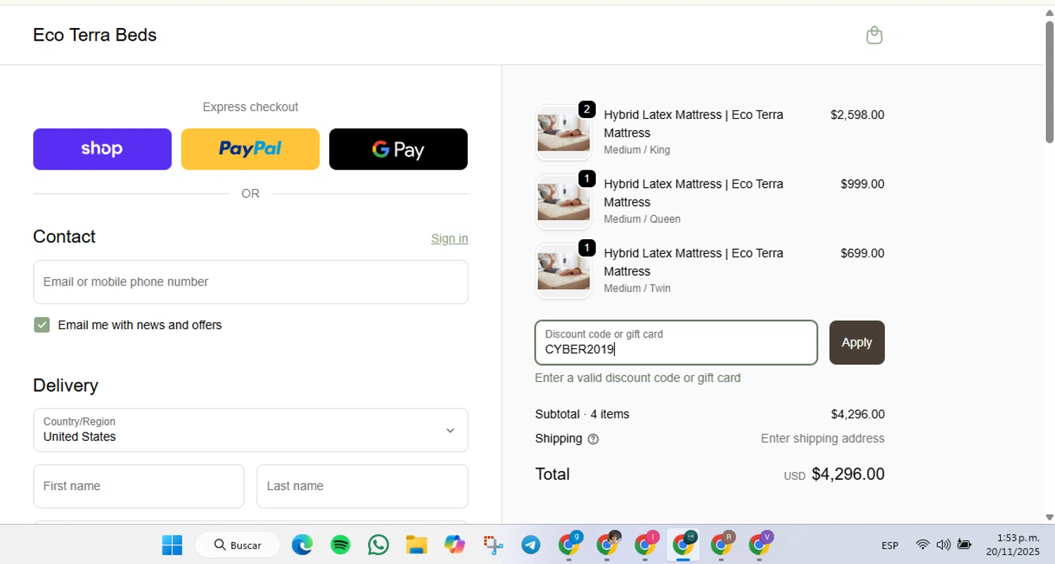 Eco Terra Beds discount code screenshot showing code CYBER2019 applied at Eco Terra Beds checkout page. Uploaded by SimplyCodes community member Charly2607 on Nov 20, 2025