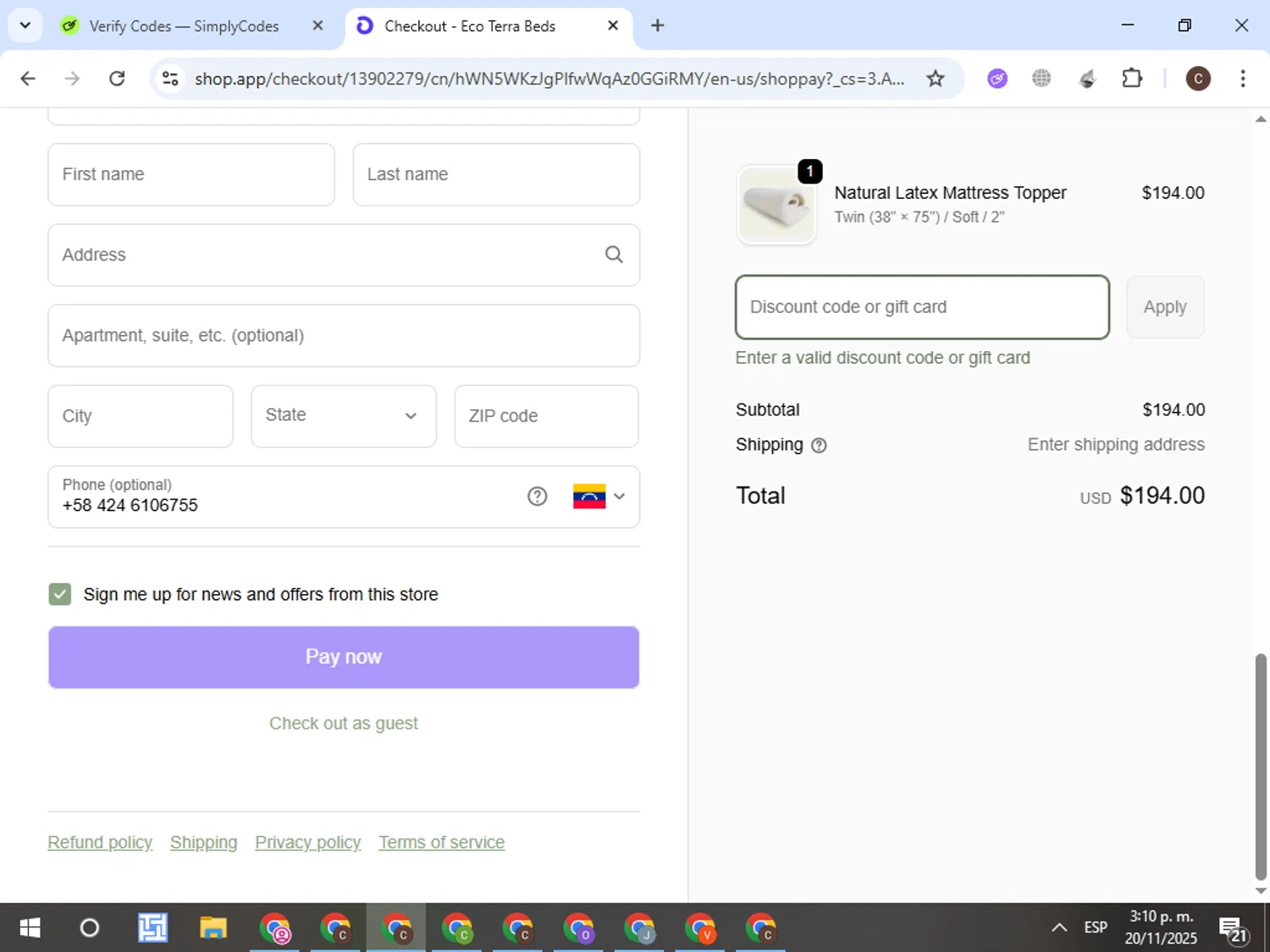 Eco Terra Beds discount code screenshot showing code CYBER2019 applied at Eco Terra Beds checkout page. Uploaded by SimplyCodes community member VictorL on Nov 20, 2025