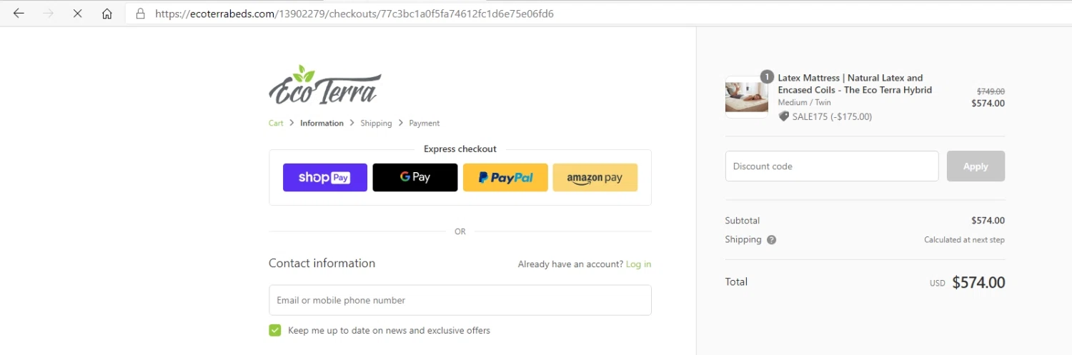 Eco Terra Beds checkout page showing Eco Terra Beds discount code box | Screenshot taken by SimplyCodes community member on Oct 2, 2020
