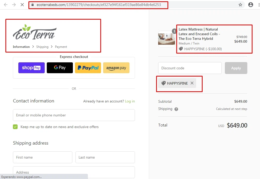 Eco Terra Beds checkout page showing Eco Terra Beds discount code box | Screenshot taken by SimplyCodes community member on Oct 6, 2020