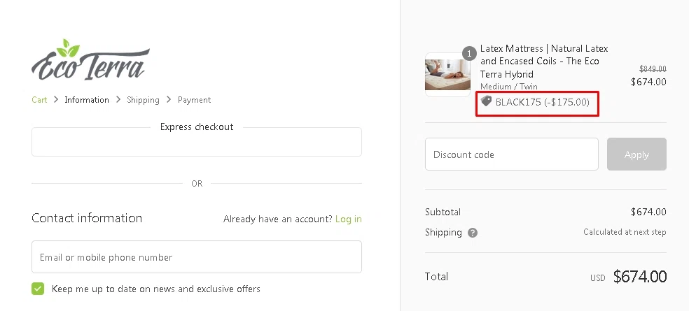 Eco Terra Beds checkout page showing Eco Terra Beds discount code box | Screenshot taken by SimplyCodes community member on Nov 21, 2020