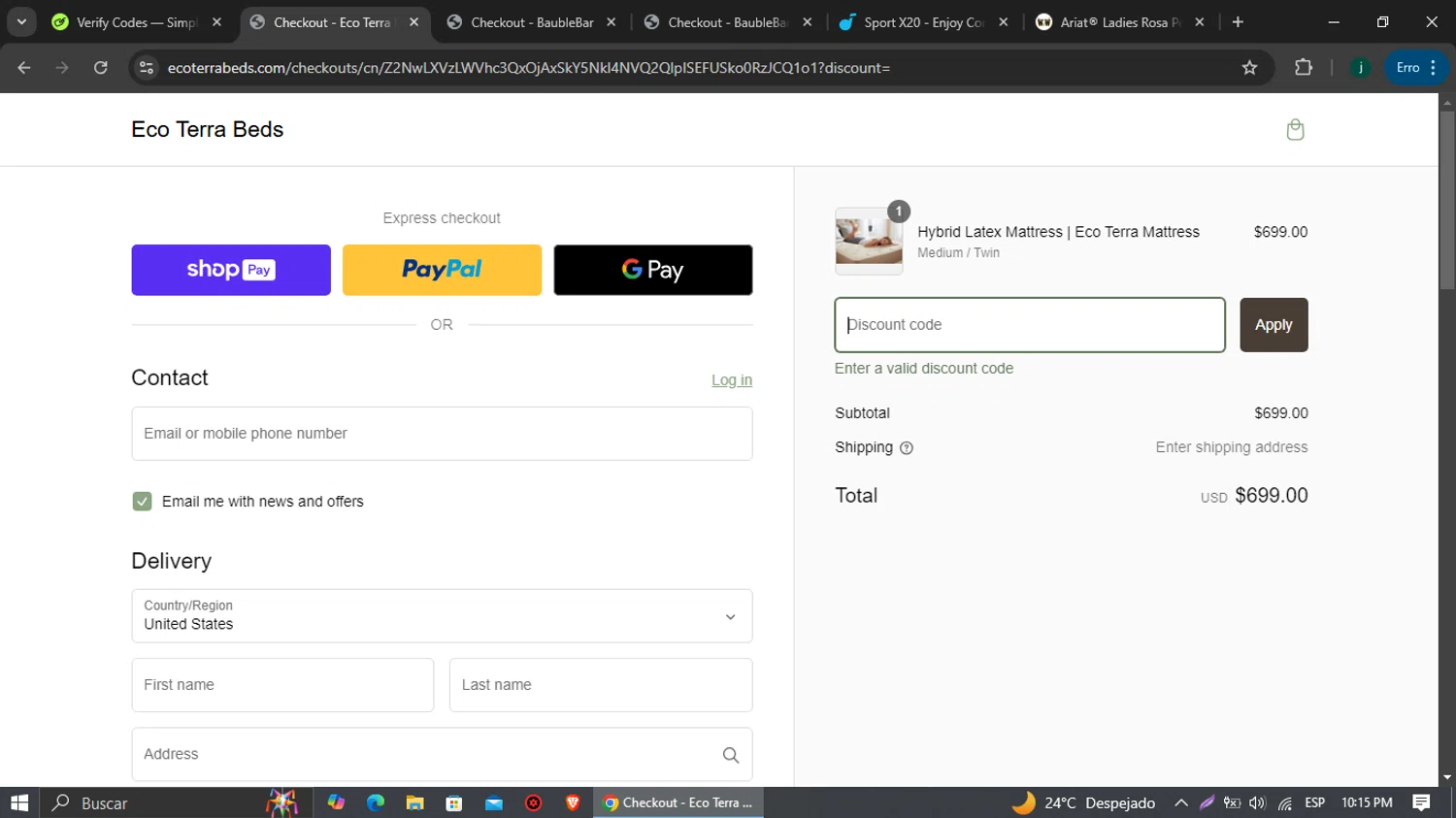 Eco Terra Beds checkout page showing Eco Terra Beds discount code box | Screenshot taken by SimplyCodes community member on Dec 17, 2024