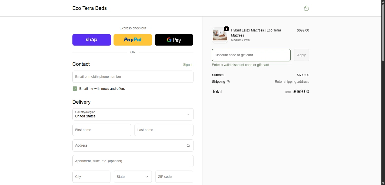 Eco Terra Beds discount code screenshot showing code BF150 applied at Eco Terra Beds checkout page. Uploaded by SimplyCodes community member Tenmyoldy on Oct 21, 2025