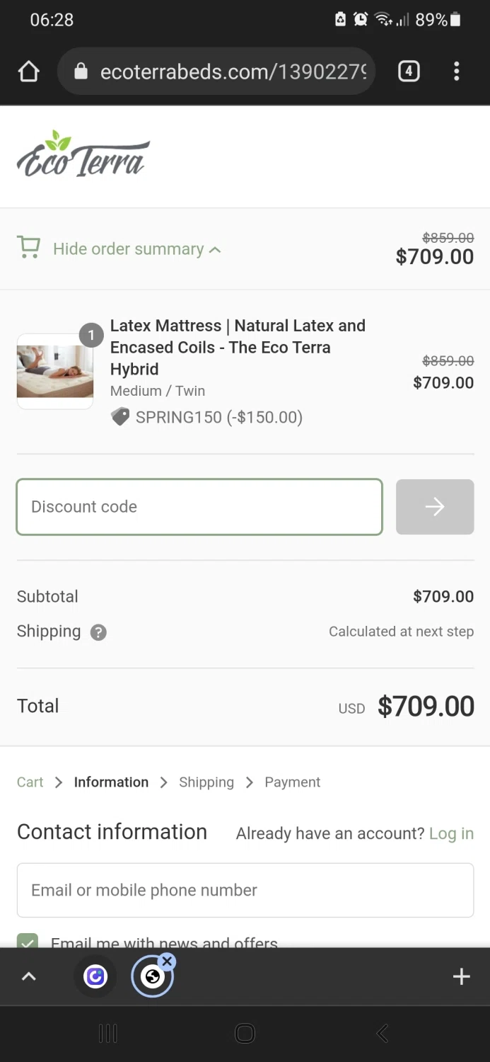Eco Terra Beds checkout page showing Eco Terra Beds discount code box | Screenshot taken by SimplyCodes community member on Apr 2, 2022