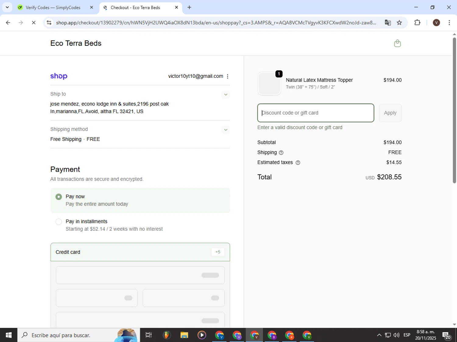 Eco Terra Beds discount code screenshot showing code SALE100 applied at Eco Terra Beds checkout page. Uploaded by SimplyCodes community member CashLion3448 on Nov 20, 2025