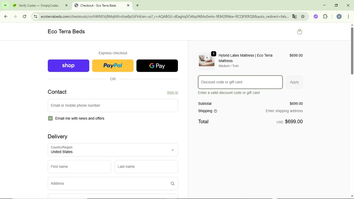 Eco Terra Beds discount code screenshot showing code SALE100 applied at Eco Terra Beds checkout page. Uploaded by SimplyCodes community member DiscountVirtuoso6243 on Nov 20, 2025