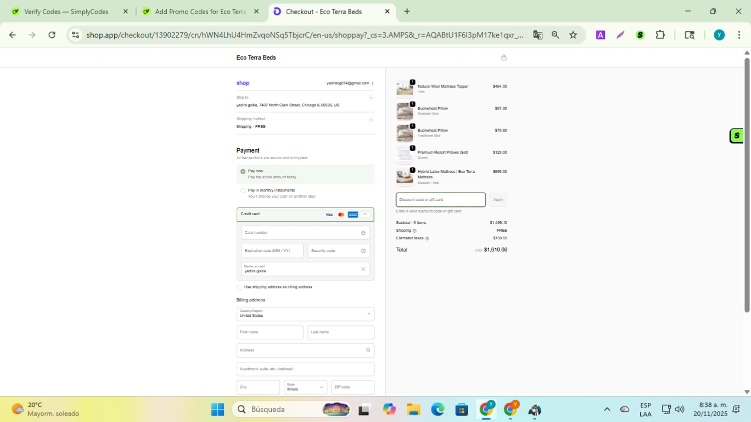 Eco Terra Beds discount code screenshot showing code CYBER2019 applied at Eco Terra Beds checkout page. Uploaded by SimplyCodes community member yadiracg074 on Nov 20, 2025