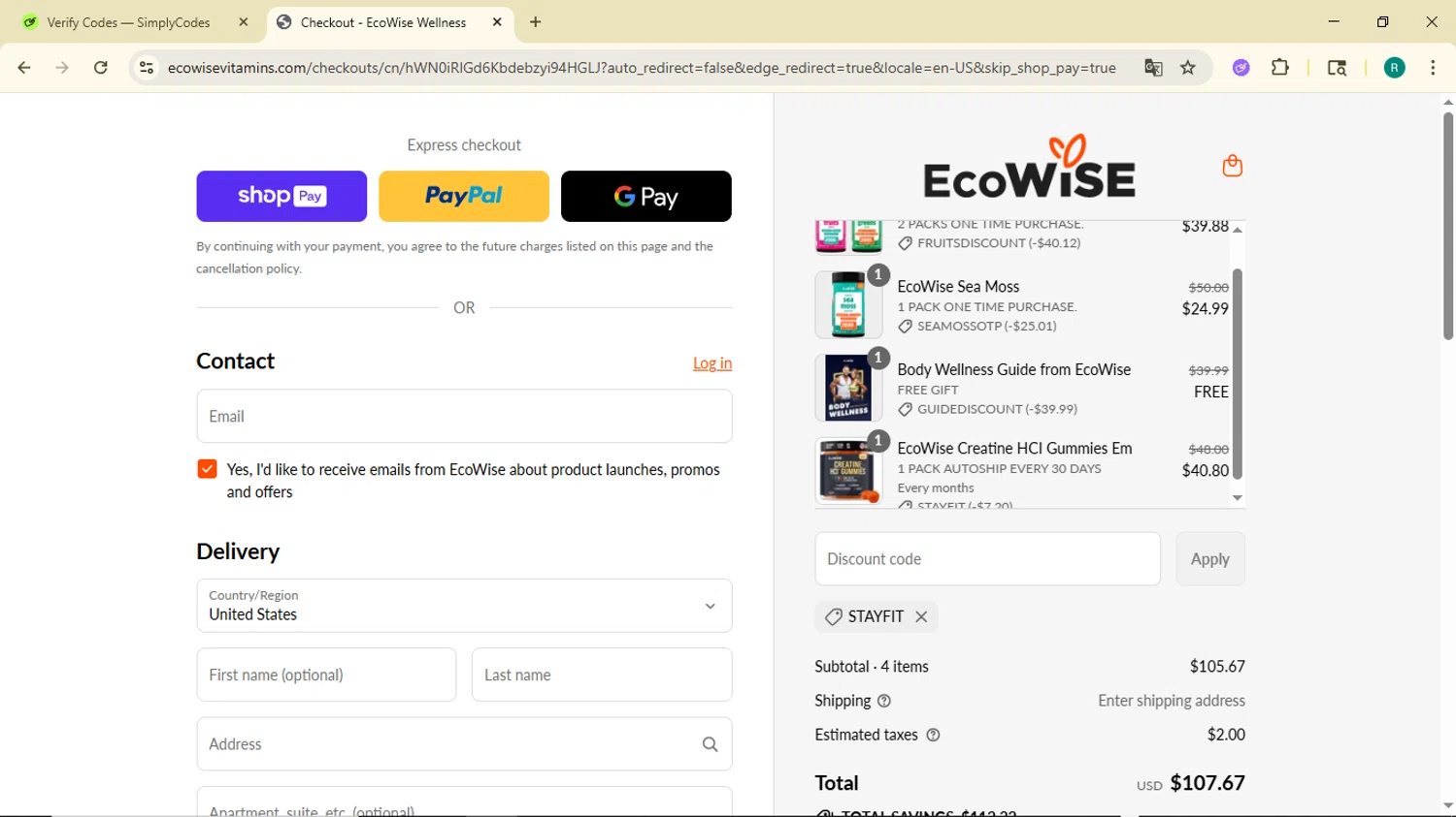 EcoWise discount code screenshot showing code STAYFIT applied at EcoWise checkout page. Uploaded by SimplyCodes community member BargainMonarch6495 on Jul 17, 2025