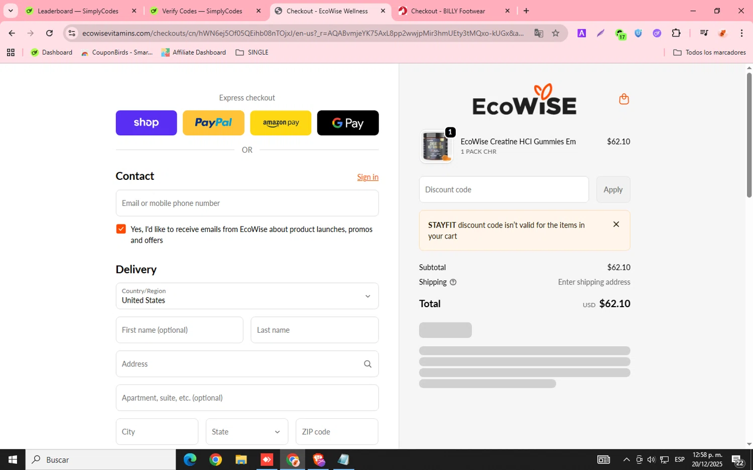 EcoWise discount code screenshot showing code STAYFIT applied at EcoWise checkout page. Uploaded by SimplyCodes community member chemozavala on Dec 20, 2025