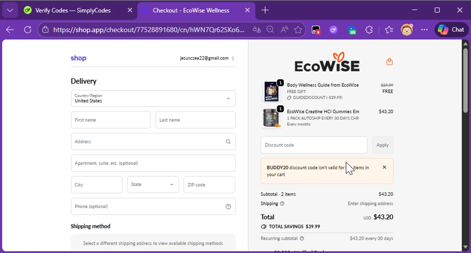 EcoWise discount code screenshot showing code BUDDY20 applied at EcoWise checkout page. Uploaded by SimplyCodes community member Raibelys_18 on Jan 10, 2026