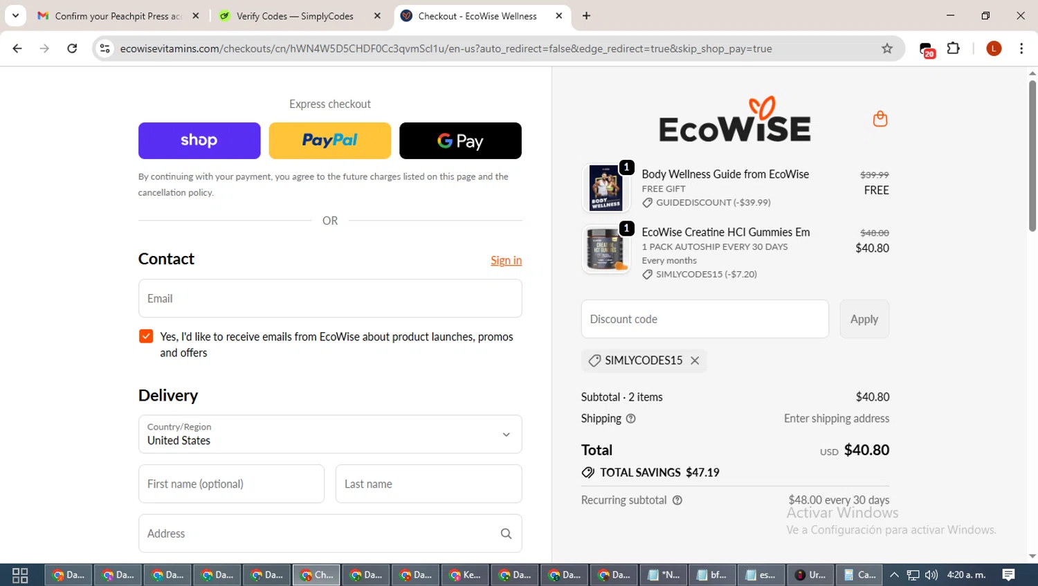 EcoWise discount code screenshot showing code SIMLYCODES15 applied at EcoWise checkout page. Uploaded by SimplyCodes community member BonusHero9692 on Oct 25, 2025