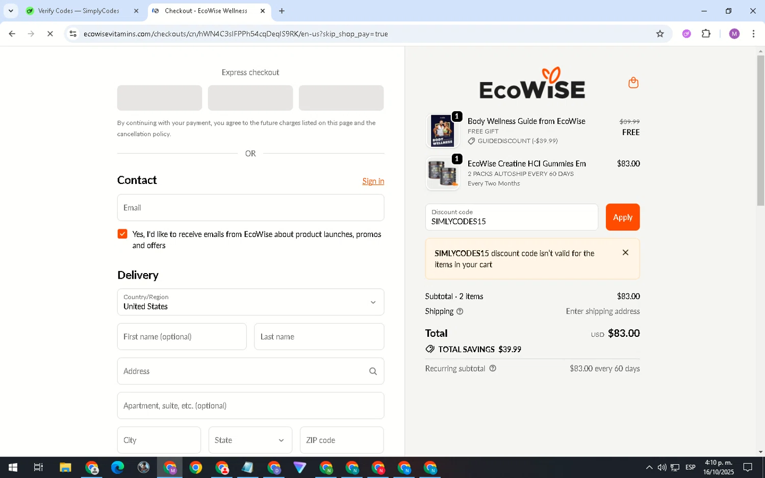 EcoWise discount code screenshot showing code SIMLYCODES15 applied at EcoWise checkout page. Uploaded by SimplyCodes community member MightyShopper3015 on Oct 16, 2025