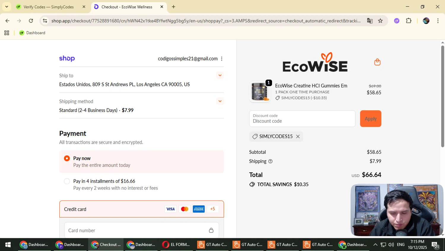 EcoWise discount code screenshot showing code SIMLYCODES15 applied at EcoWise checkout page. Uploaded by SimplyCodes community member Typhlosion on Oct 12, 2025