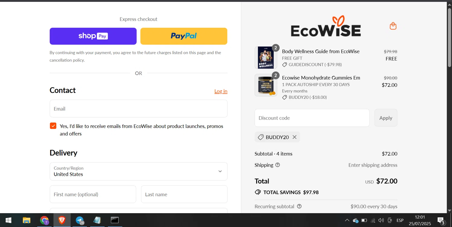 EcoWise discount code screenshot showing code BUDDY20 applied at EcoWise checkout page. Uploaded by SimplyCodes community member hazken on Jul 25, 2025