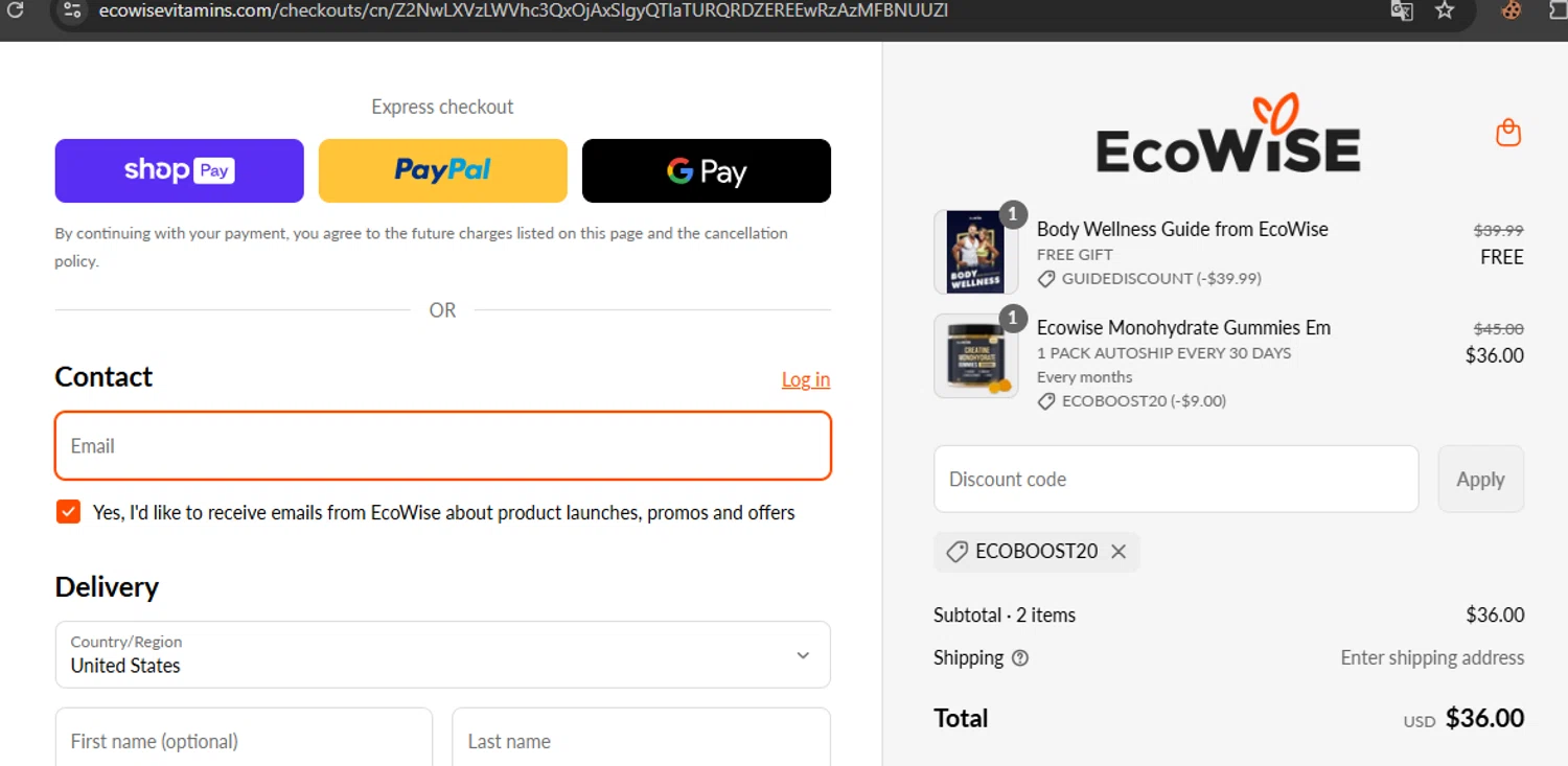 EcoWise discount code screenshot showing code ECOBOOST20 applied at EcoWise checkout page. Uploaded by SimplyCodes community member javierprez on Jun 6, 2025
