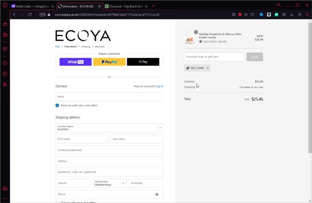 Ecoya checkout page showing Ecoya discount code box | Screenshot taken by SimplyCodes community member on Dec 7, 2023