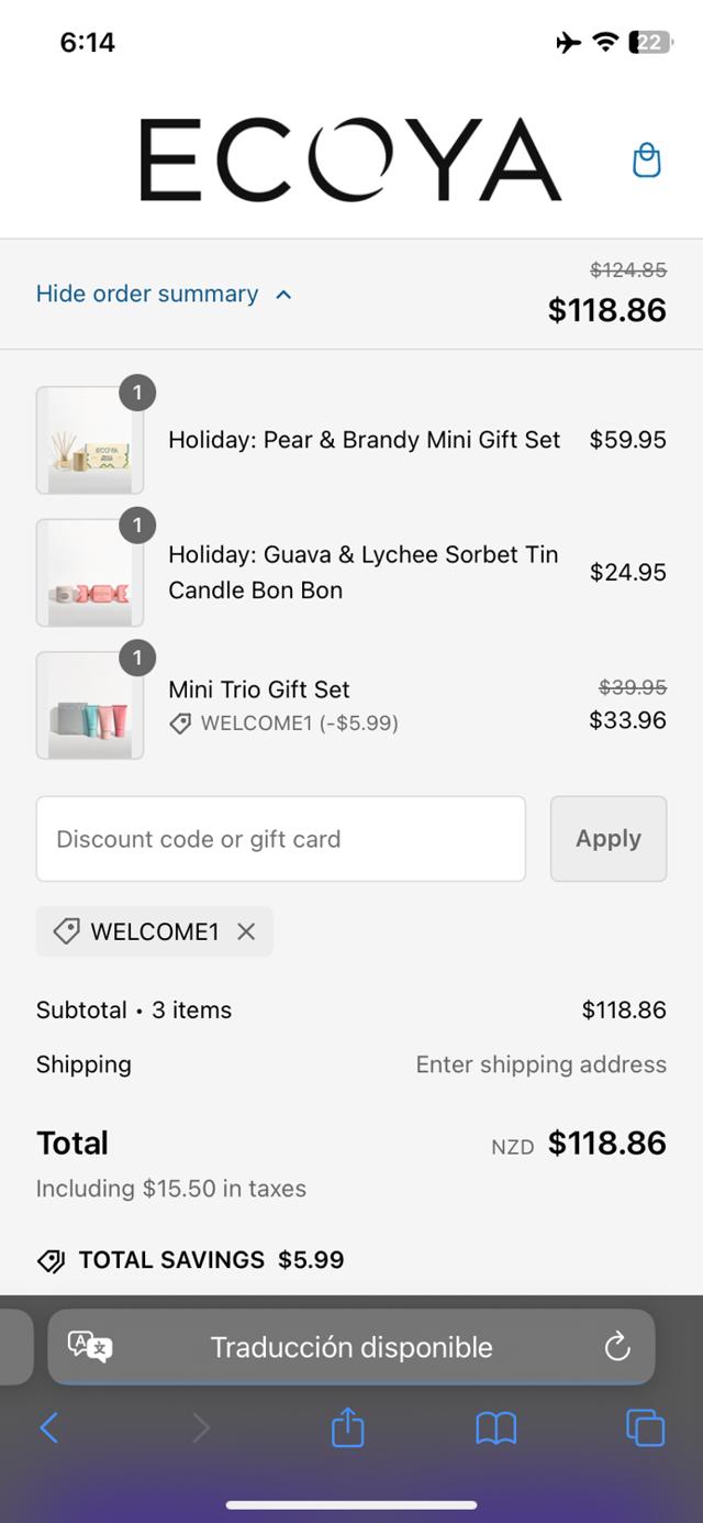 Ecoya checkout page showing Ecoya discount code box | Screenshot taken by SimplyCodes community member on Oct 10, 2024