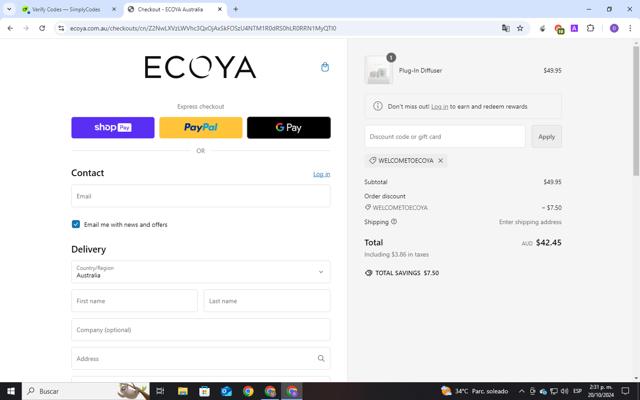 Ecoya checkout page showing Ecoya discount code box | Screenshot taken by SimplyCodes community member on Oct 20, 2024