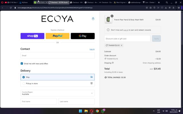 Ecoya checkout page showing Ecoya discount code box | Screenshot taken by SimplyCodes community member on Nov 18, 2024
