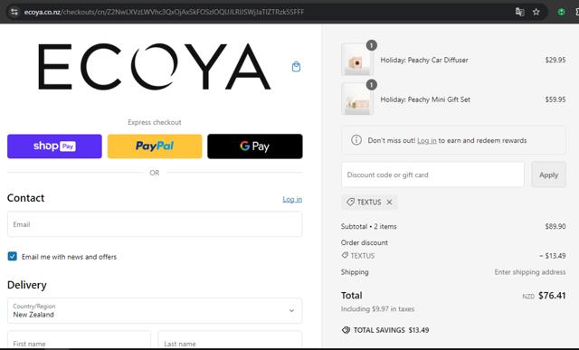 Ecoya checkout page showing Ecoya discount code box | Screenshot taken by SimplyCodes community member on Oct 20, 2024