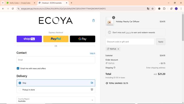 Ecoya checkout page showing Ecoya discount code box | Screenshot taken by SimplyCodes community member on Nov 18, 2024