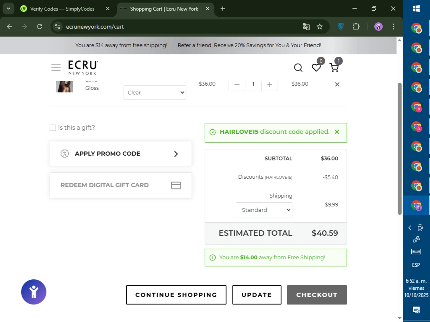ECRU New York promo code screenshot showing code HAIRLOVE15 applied at ECRU New York checkout page. Uploaded by SimplyCodes community member CashSaver4711 on Oct 10, 2025