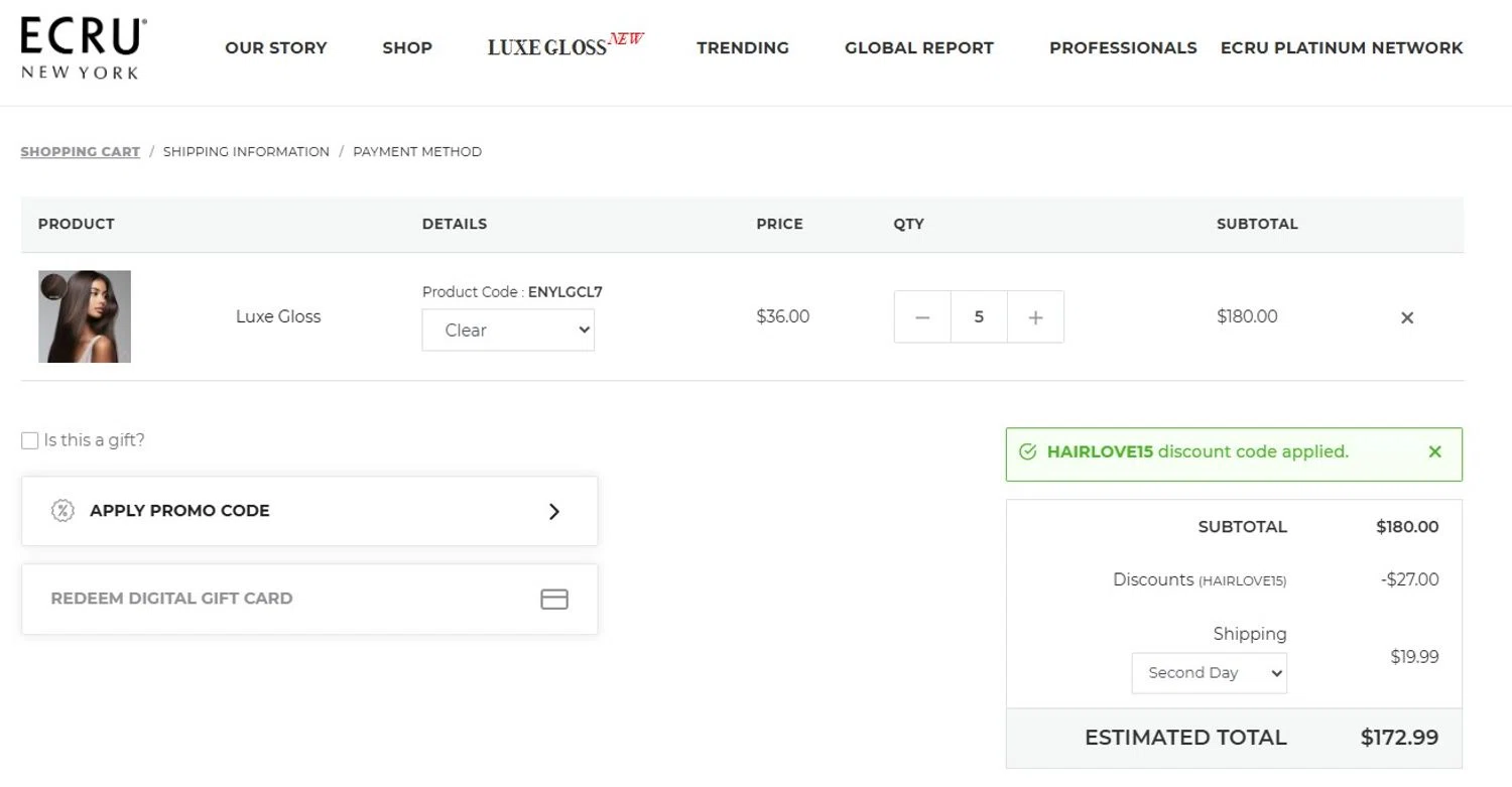 ECRU New York promo code screenshot showing code HAIRLOVE15 applied at ECRU New York checkout page. Uploaded by SimplyCodes community member victorchacon on Sep 11, 2025