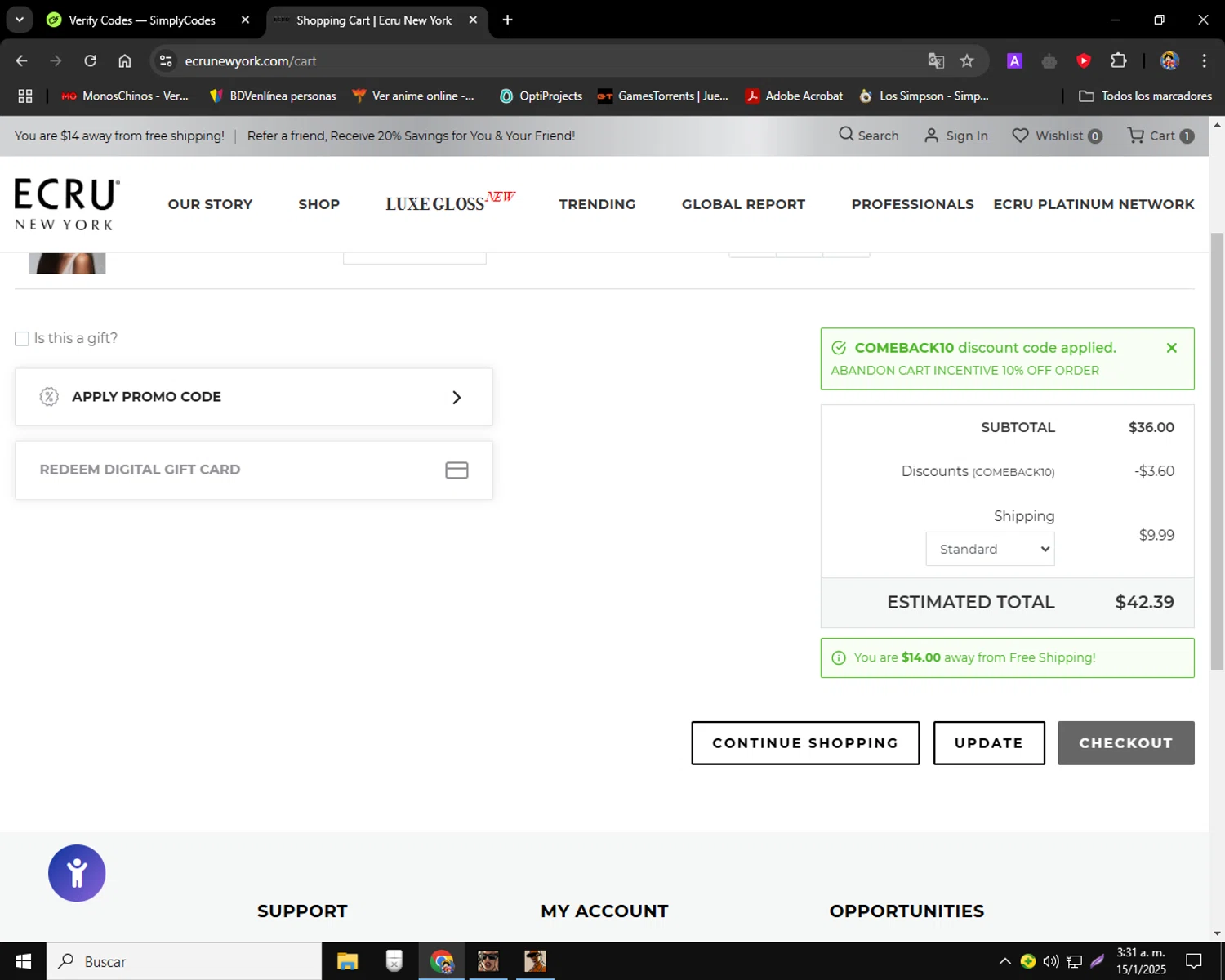 ECRU New York promo code screenshot showing code COMEBACK10 applied at ECRU New York checkout page. Uploaded by SimplyCodes community member charmander589 on Jan 15, 2025