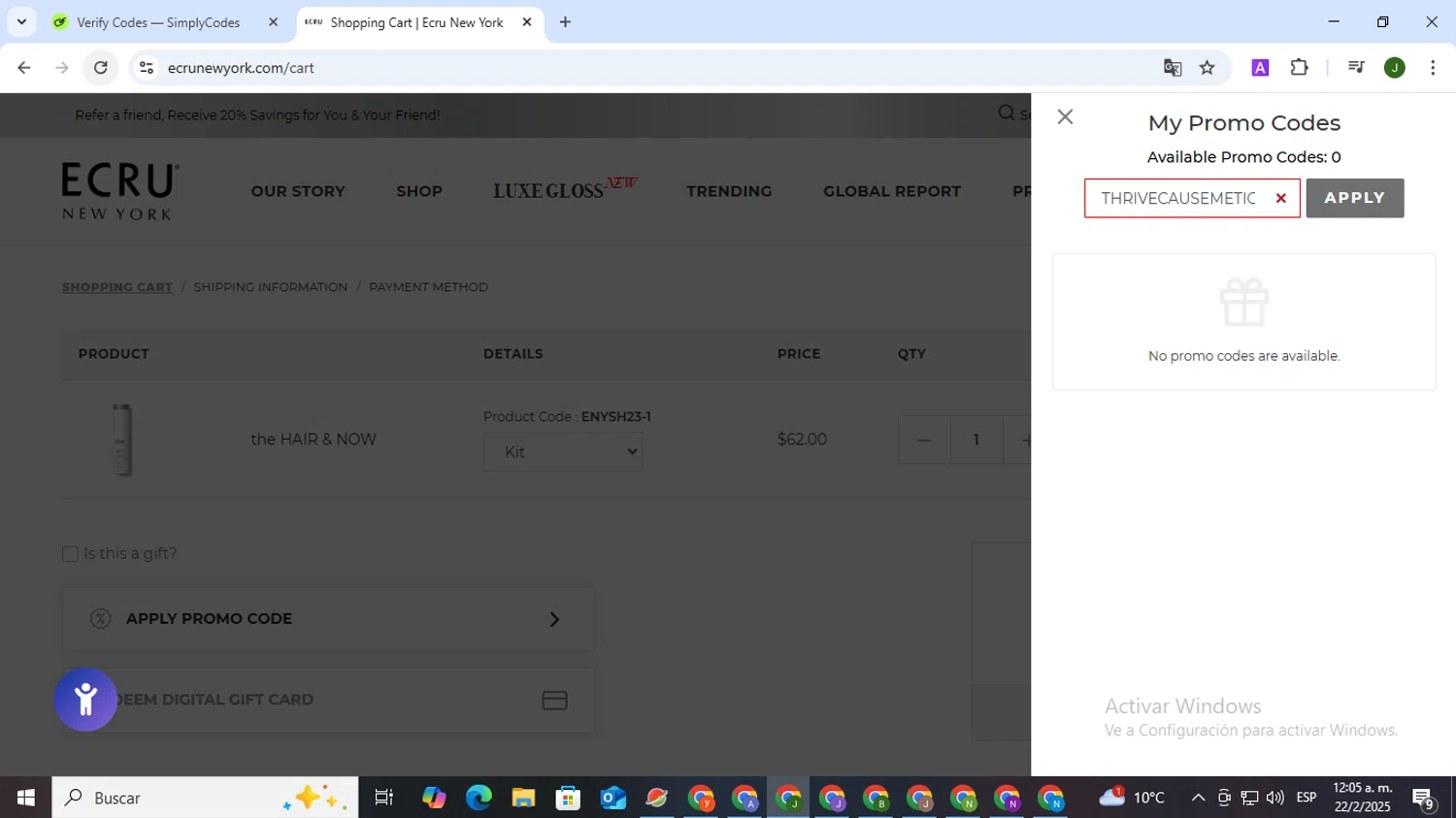 ECRU New York promo code screenshot showing code THRIVECAUSEMETICS10 applied at ECRU New York checkout page. Uploaded by SimplyCodes community member CleverSeeker3529 on Feb 22, 2025