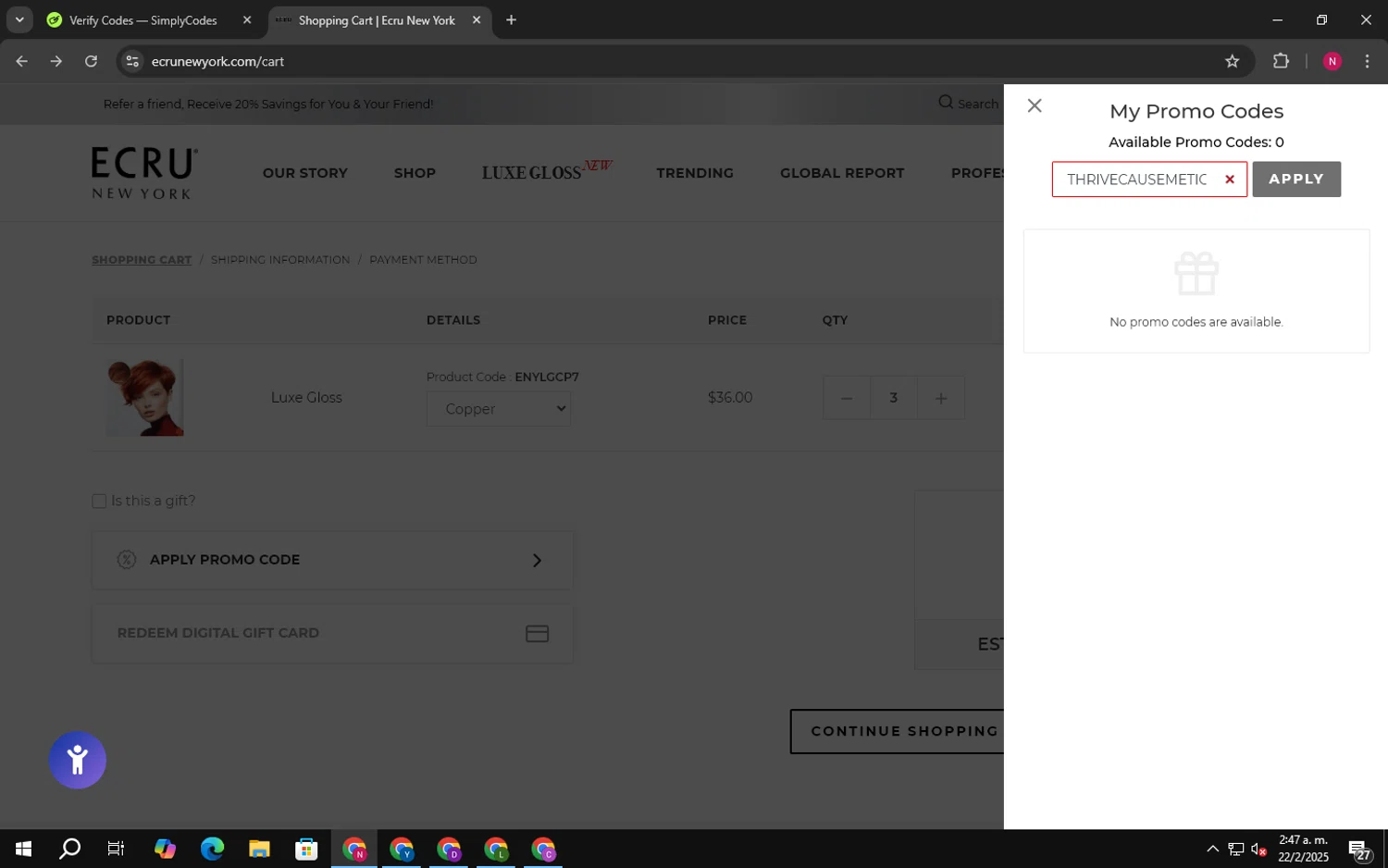 ECRU New York promo code screenshot showing code THRIVECAUSEMETICS10 applied at ECRU New York checkout page. Uploaded by SimplyCodes community member CashDefender400 on Feb 22, 2025