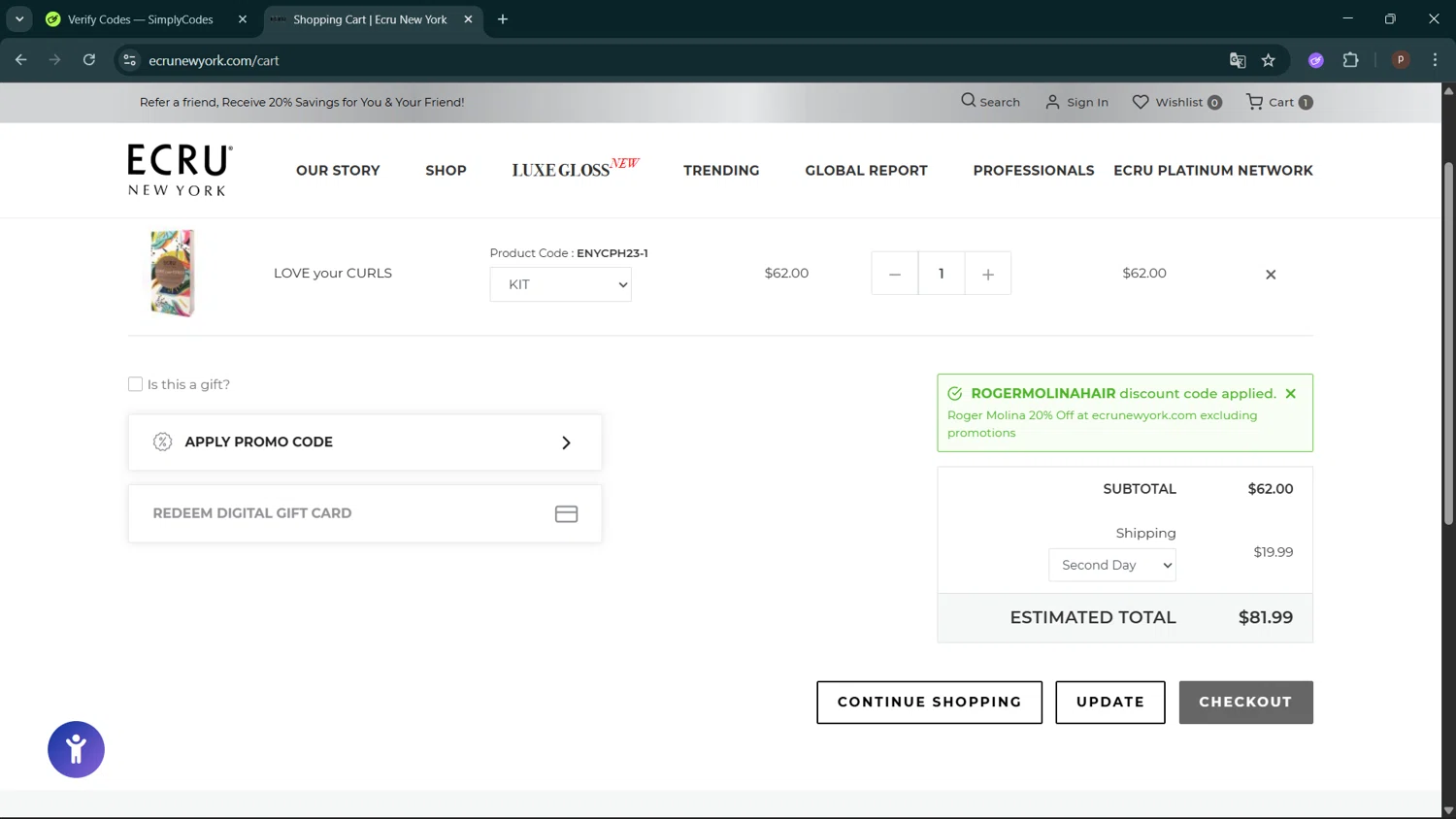 ECRU New York checkout page showing ECRU New York promo code box | Screenshot taken by SimplyCodes community member on Jan 9, 2026