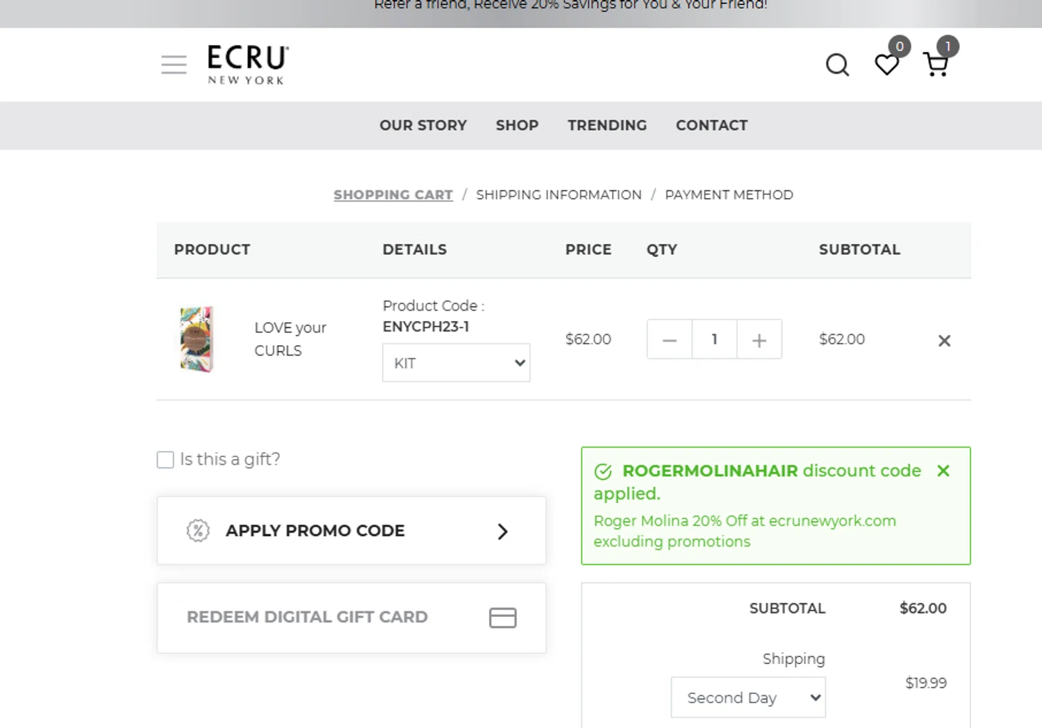 ECRU New York promo code screenshot showing code ROGERMOLINAHAIR applied at ECRU New York checkout page. Uploaded by SimplyCodes community member ashe1986 on Nov 12, 2025