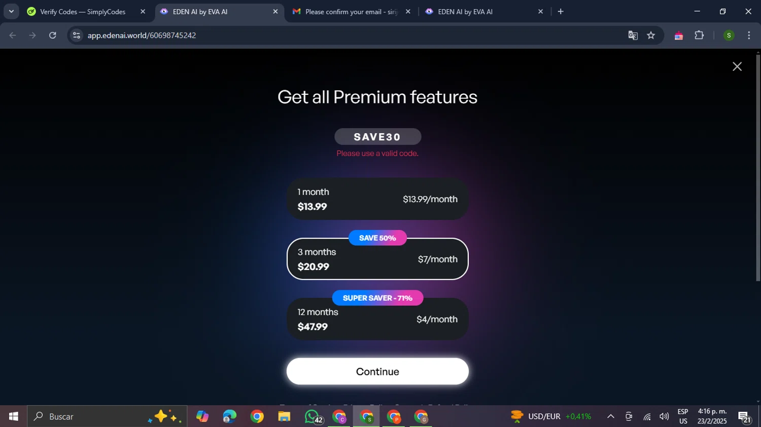 EDEN AI by EVA AI promo code screenshot showing code SAVE30 applied at EDEN AI by EVA AI checkout page. Uploaded by SimplyCodes community member RewardMaverick445 on Feb 23, 2025