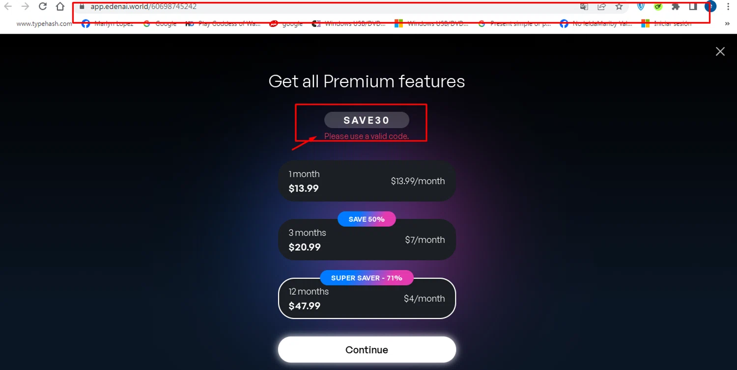 EDEN AI by EVA AI promo code screenshot showing code SAVE30 applied at EDEN AI by EVA AI checkout page. Uploaded by SimplyCodes community member victorchirino1 on Feb 20, 2025