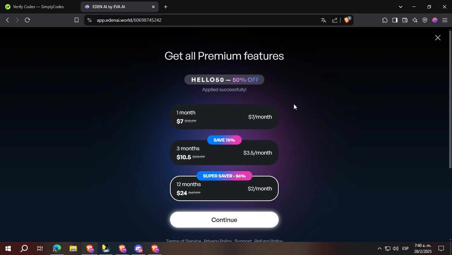 EDEN AI by EVA AI checkout page showing EDEN AI by EVA AI promo code box | Screenshot taken by SimplyCodes community member on Feb 28, 2025
