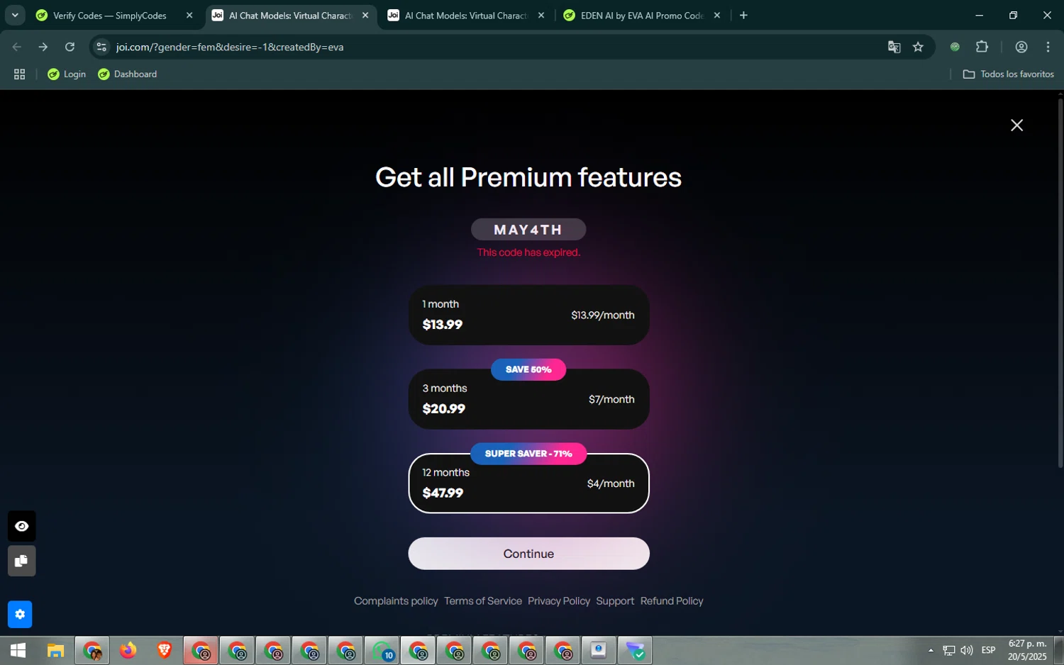 EDEN AI by EVA AI promo code screenshot showing code MAY4TH applied at EDEN AI by EVA AI checkout page. Uploaded by SimplyCodes community member dsf9999 on May 20, 2025