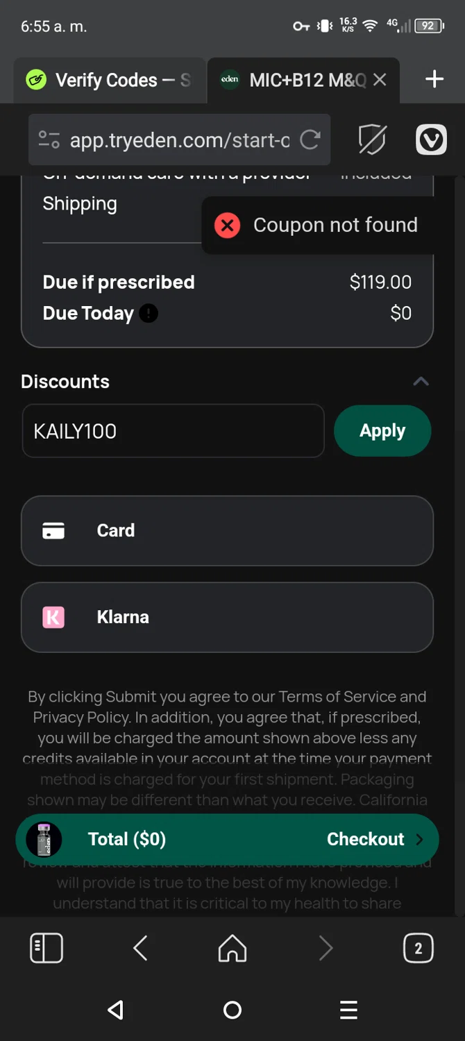 Eden discount code screenshot showing code KAILY100 applied at Eden checkout page. Uploaded by SimplyCodes community member CarmenVGR on May 2, 2025