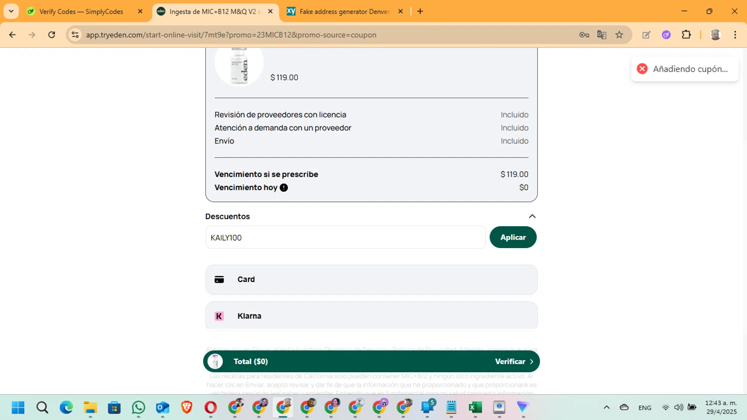 Eden discount code screenshot showing code KAILY100 applied at Eden checkout page. Uploaded by SimplyCodes community member ManuelF on Apr 29, 2025