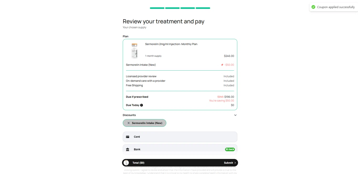 Eden discount code screenshot showing code sermoreline-intake applied at Eden checkout page. Uploaded by SimplyCodes community member Elosox1 on Oct 23, 2025