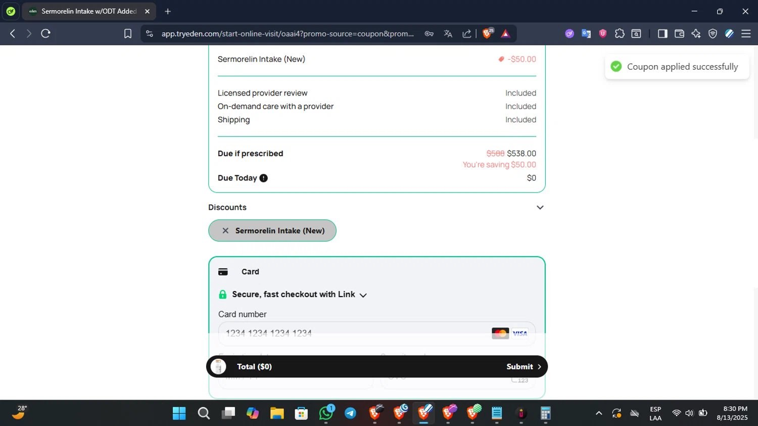 Eden discount code screenshot showing code sermoreline-intake applied at Eden checkout page. Uploaded by SimplyCodes community member QuestScholar3007 on Aug 14, 2025