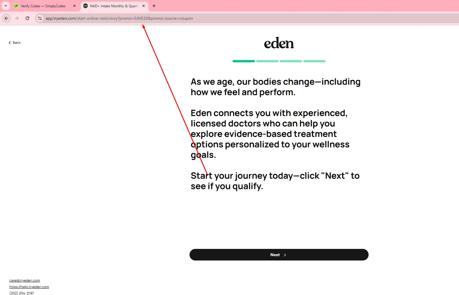 Eden discount code screenshot showing code SAVE20 applied at Eden checkout page. Uploaded by SimplyCodes community member MrWolf on Nov 14, 2025