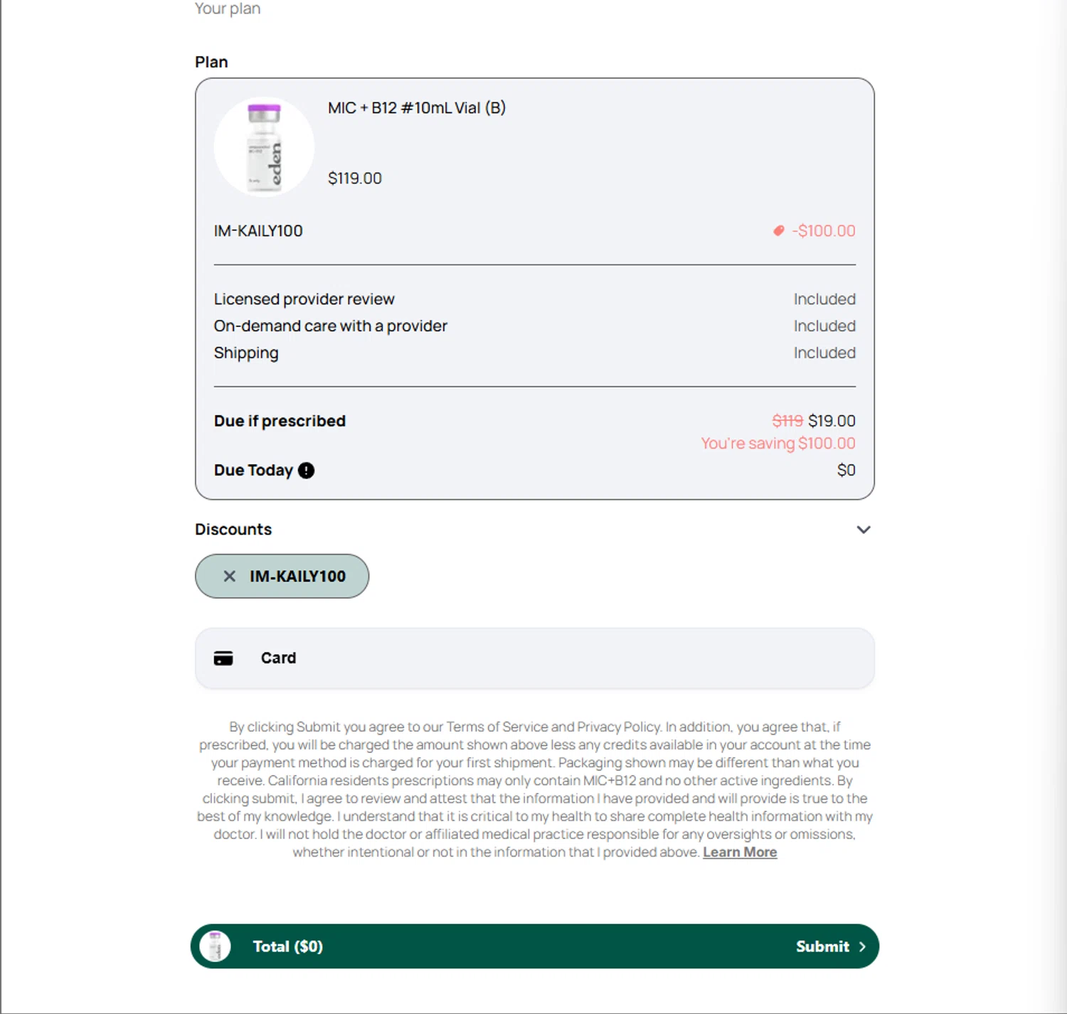 Eden discount code screenshot showing code KAILY100 applied at Eden checkout page. Uploaded by SimplyCodes community member PillarsofCreation on Apr 15, 2025