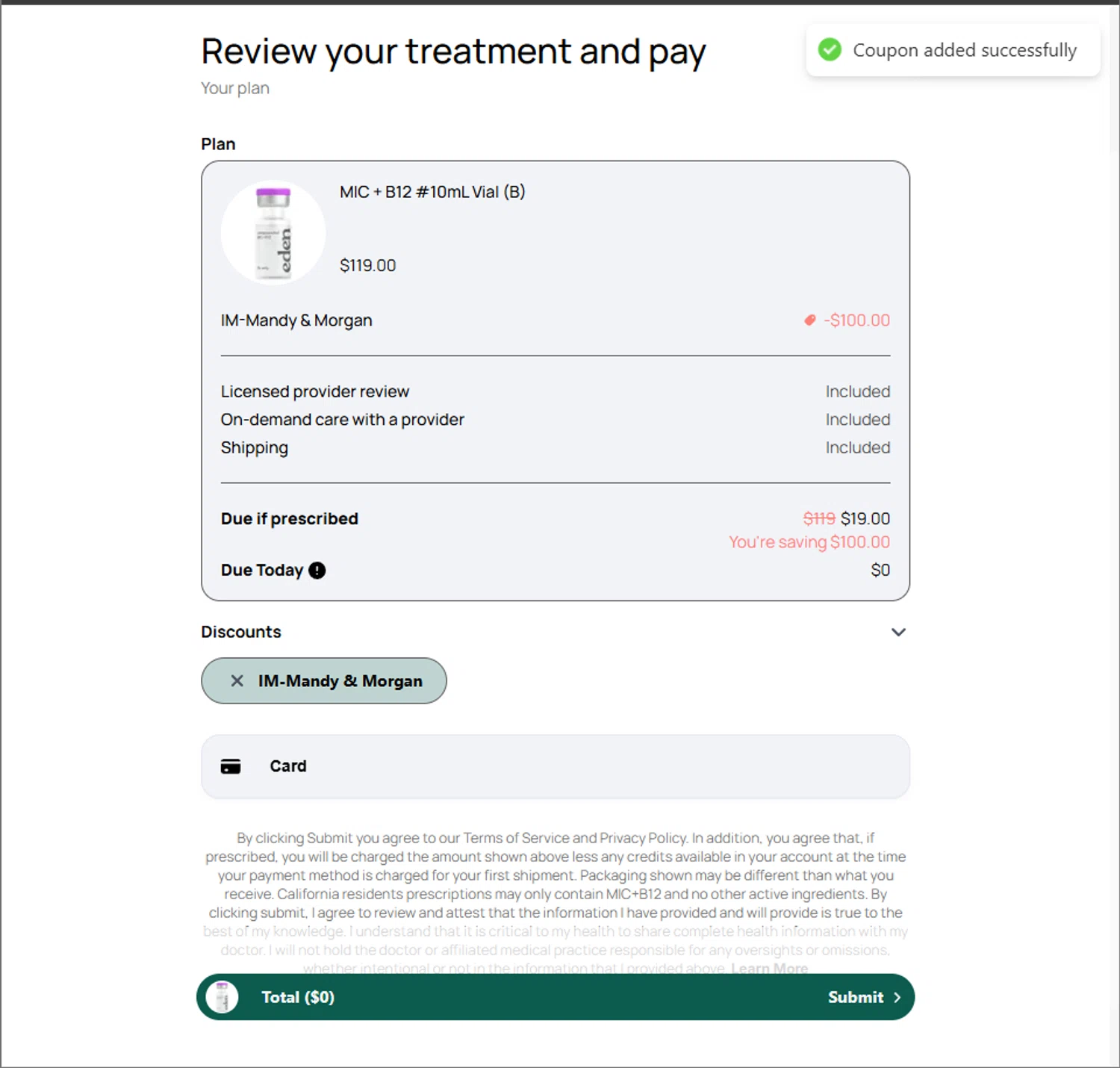 Eden discount code screenshot showing code MANDYANDMORGAN applied at Eden checkout page. Uploaded by SimplyCodes community member PillarsofCreation on Apr 16, 2025