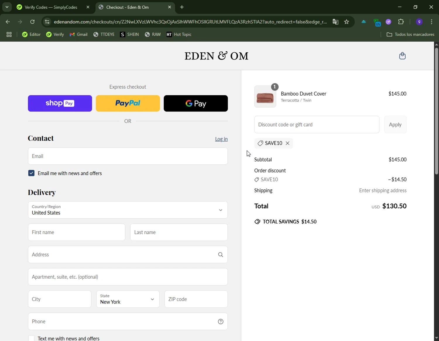 Eden & Om discount code screenshot showing code SAVE10 applied at Eden & Om checkout page. Uploaded by SimplyCodes community member CapitanCentella on Jun 16, 2025